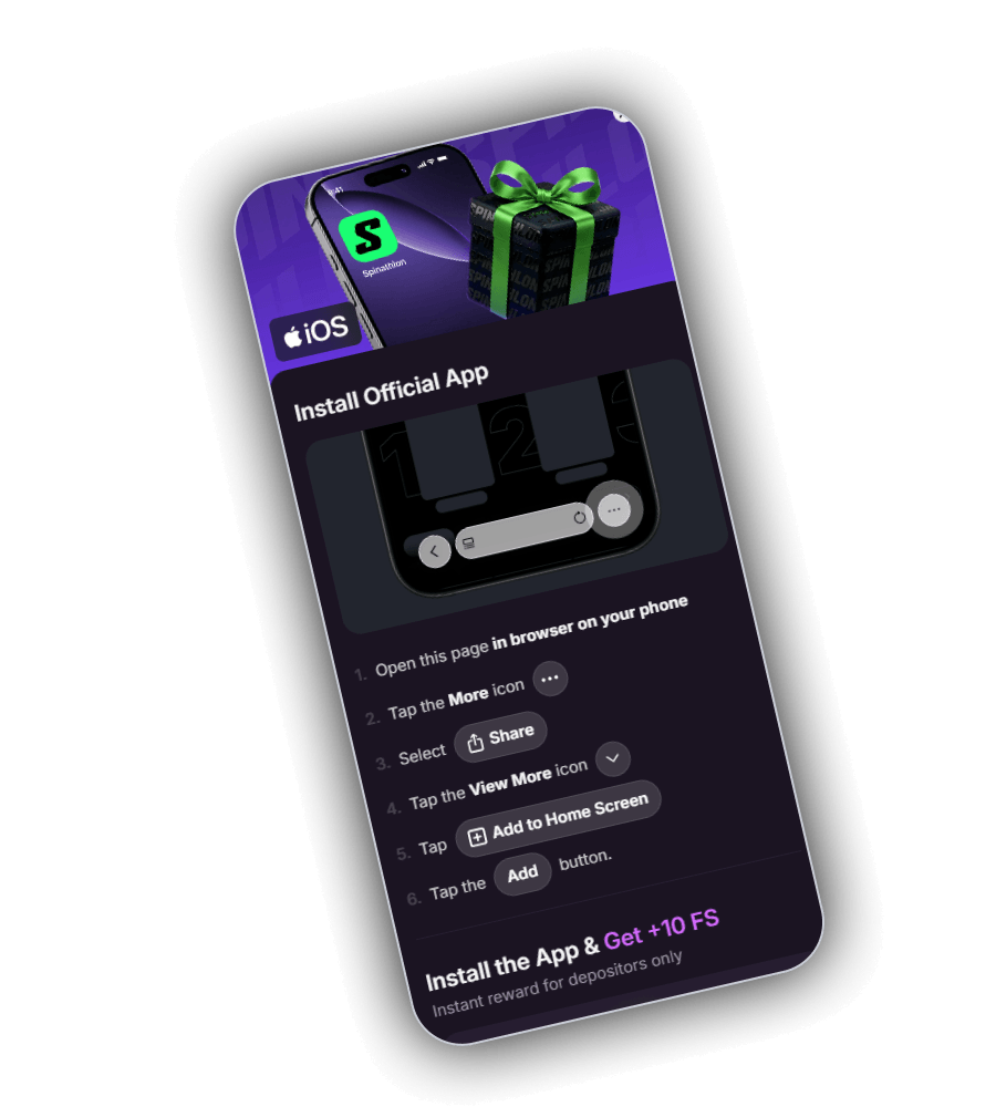 Écran d'installation iOS de BigDrago sur un téléphone incliné : un badge iOS, un téléphone avec une icône verte S et une boîte cadeau à noeud vert, le titre Install Official App, une image de la barre du navigateur et six étapes de Open this page in browser on your phone à Tap the Add button, et en bas la ligne Install the App and Get +10 FS avec la mention Instant reward for depositors only