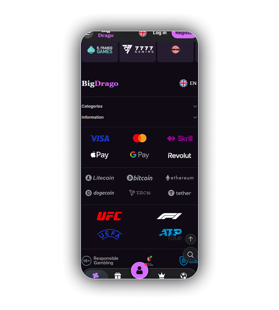 Pied de page BigDrago sur un téléphone : vignettes des studios R. Franco Games et 7777 Gaming en haut, le logo BigDrago avec un drapeau EN, les menus Categories et Information, les logos de paiement Visa, Mastercard, Skrill, Apple Pay, Google Pay et Revolut, les cryptos Litecoin, Bitcoin, Ethereum, Dogecoin, Tron et Tether, les logos sportifs UFC, F1, UEFA et ATP Tour et un badge 18+ Responsible Gambling avec deux sceaux