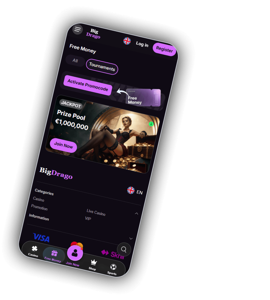 Page Free Money de BigDrago sur un téléphone incliné : les filtres All et Tournaments avec Tournaments encadré, un bouton violet Activate Promocode avec une flèche vers un ticket violet Free Money, une carte JACKPOT avec Prize Pool 1 000 000 €, un bouton Join Now et un point vert d'information, puis le logo BigDrago, un drapeau EN et les menus Categories et Information avec Casino, Promotion, Live Casino et VIP