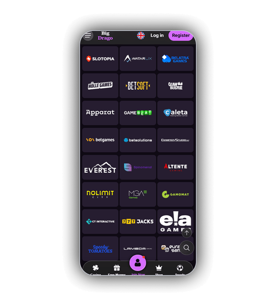 Page des studios de BigDrago sur un téléphone, une grille de vignettes sombres avec les logos de Slotopia, AvatarUX, Belatra Games, Hölle Games, Betsoft, Clawbuster, Apparat, GameBeat, Caleta, Betgames, Betsolutions, Champion Studio, Everest, Spinomenal, Altente Gaming, Nolimit City, MGA Games, Gamomat, CT Interactive, 777 Jacks, ELA Games, Speedy Tomatoes, Lambda Gaming et Eurasian Gaming