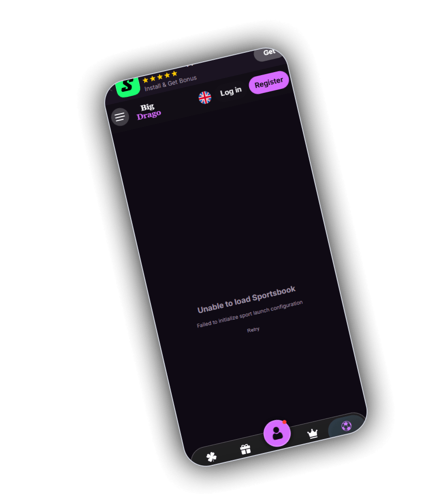 Page Sports de BigDrago sur un téléphone, avec en haut une bannière d'app montrant une icône verte S, cinq étoiles jaunes, la ligne Install and Get Bonus et un bouton Get, l'en-tête BigDrago avec un drapeau britannique, Log in et Register, une zone de paris prune foncé et l'icône ballon de Sports allumée dans la barre du bas