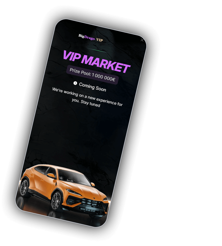 Écran VIP Market de BigDrago sur un téléphone incliné avec le logo BigDrago VIP, le titre VIP MARKET en violet, un badge Prize Pool 1 000 000€ et un SUV orange en bas d'un fond marbré sombre